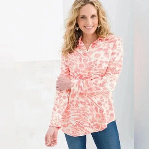Chico’s Sandwashed Satin Animal Print Button Down Coral Shirt Top Women Sz 3 XL